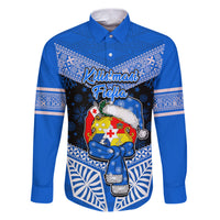 Personalised Tonga Christmas Family Matching Puletasi Dress and Hawaiian Shirt Tongan Coat of Arms Santa With Ngatu Pattern Christmas Blue Style LT03 Dad's Shirt - Long Sleeve Blue - Polynesian Pride