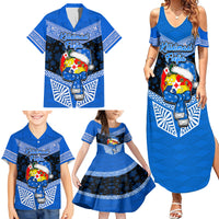 Personalised Tonga Christmas Family Matching Summer Maxi Dress and Hawaiian Shirt Tongan Coat of Arms Santa With Ngatu Pattern Christmas Blue Style LT03 - Polynesian Pride