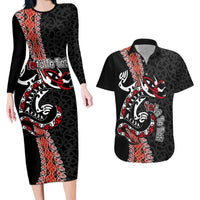 Aotearoa Toitu Te Tiriti Couples Matching Long Sleeve Bodycon Dress and Hawaiian Shirt Maori Taniwha Haka - Honour the Treaty LT03 Black - Polynesian Pride