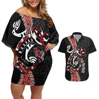 Aotearoa Toitu Te Tiriti Couples Matching Off Shoulder Short Dress and Hawaiian Shirt Maori Taniwha Haka - Honour the Treaty LT03 Black - Polynesian Pride
