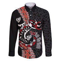 Aotearoa Toitu Te Tiriti Family Matching Long Sleeve Bodycon Dress and Hawaiian Shirt Maori Taniwha Haka - Honour the Treaty LT03 Dad's Shirt - Long Sleeve Black - Polynesian Pride