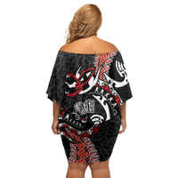 Aotearoa Toitu Te Tiriti Off Shoulder Short Dress Maori Taniwha Haka - Honour the Treaty LT03 - Polynesian Pride