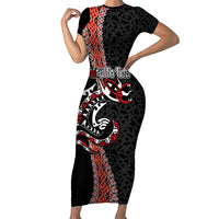 Aotearoa Toitu Te Tiriti Short Sleeve Bodycon Dress Maori Taniwha Haka - Honour the Treaty LT03 Long Dress Black - Polynesian Pride