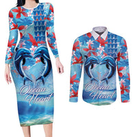 Hawaiian Dolphin Love Couple - Ocean Heart Couples Matching Long Sleeve Bodycon Dress and Long Sleeve Button Shirt LT03 Blue - Polynesian Pride