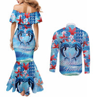 Hawaiian Dolphin Love Couple - Ocean Heart Couples Matching Mermaid Dress and Long Sleeve Button Shirt LT03 - Polynesian Pride