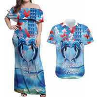 Hawaiian Dolphin Love Couple - Ocean Heart Couples Matching Off Shoulder Maxi Dress and Hawaiian Shirt LT03 Blue - Polynesian Pride