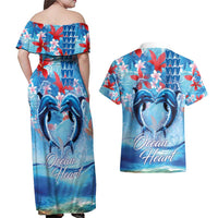 Hawaiian Dolphin Love Couple - Ocean Heart Couples Matching Off Shoulder Maxi Dress and Hawaiian Shirt LT03 - Polynesian Pride