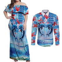 Hawaiian Dolphin Love Couple - Ocean Heart Couples Matching Off Shoulder Maxi Dress and Long Sleeve Button Shirt LT03 Blue - Polynesian Pride