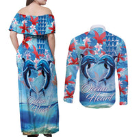 Hawaiian Dolphin Love Couple - Ocean Heart Couples Matching Off Shoulder Maxi Dress and Long Sleeve Button Shirt LT03 - Polynesian Pride