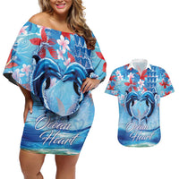 Hawaiian Dolphin Love Couple - Ocean Heart Couples Matching Off Shoulder Short Dress and Hawaiian Shirt LT03 Blue - Polynesian Pride