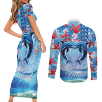 Hawaiian Dolphin Love Couple - Ocean Heart Couples Matching Short Sleeve Bodycon Dress and Long Sleeve Button Shirt LT03 - Polynesian Pride