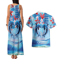 Hawaiian Dolphin Love Couple - Ocean Heart Couples Matching Tank Maxi Dress and Hawaiian Shirt LT03 - Polynesian Pride