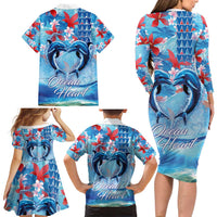 Hawaiian Dolphin Love Couple - Ocean Heart Family Matching Long Sleeve Bodycon Dress and Hawaiian Shirt LT03 - Polynesian Pride