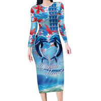 Hawaiian Dolphin Love Couple - Ocean Heart Family Matching Long Sleeve Bodycon Dress and Hawaiian Shirt LT03 Mom's Dress Blue - Polynesian Pride