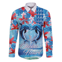 Hawaiian Dolphin Love Couple - Ocean Heart Family Matching Off The Shoulder Long Sleeve Dress and Hawaiian Shirt LT03 Dad's Shirt - Long Sleeve Blue - Polynesian Pride