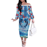 Hawaiian Dolphin Love Couple - Ocean Heart Family Matching Off The Shoulder Long Sleeve Dress and Hawaiian Shirt LT03 Mom's Dress Blue - Polynesian Pride
