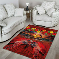 Hawaiian Turtle Love Couple Area Rug Ocean Serenade - Honu Honi Ihu with Hibiscus and Romantic Sunset Red Color LT03 - Polynesian Pride