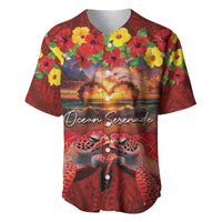 Hawaiian Turtle Love Couple Baseball Jersey Ocean Serenade - Honu Honi Ihu with Hibiscus and Romantic Sunset Red Color LT03 Red - Polynesian Pride