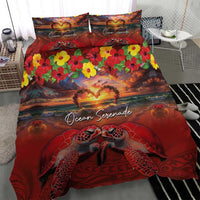 Hawaiian Turtle Love Couple Bedding Set Ocean Serenade - Honu Honi Ihu with Hibiscus and Romantic Sunset Red Color LT03 - Polynesian Pride