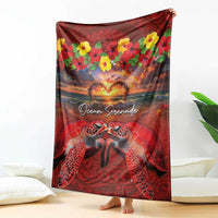 Hawaiian Turtle Love Couple Blanket Ocean Serenade - Honu Honi Ihu with Hibiscus and Romantic Sunset Red Color LT03 - Polynesian Pride