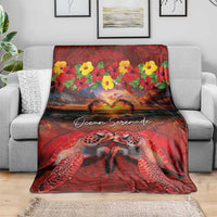 Hawaiian Turtle Love Couple Blanket Ocean Serenade - Honu Honi Ihu with Hibiscus and Romantic Sunset Red Color LT03 - Polynesian Pride