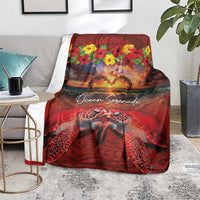 Hawaiian Turtle Love Couple Blanket Ocean Serenade - Honu Honi Ihu with Hibiscus and Romantic Sunset Red Color LT03 - Polynesian Pride