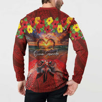 Hawaiian Turtle Love Couple Button Sweatshirt Ocean Serenade - Honu Honi Ihu with Hibiscus and Romantic Sunset Red Color LT03 - Polynesian Pride