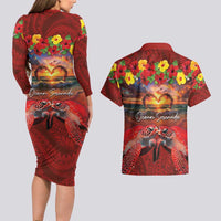 Hawaiian Turtle Love Couple Couples Matching Long Sleeve Bodycon Dress and Hawaiian Shirt Ocean Serenade - Honu Honi Ihu with Hibiscus and Romantic Sunset Red Color LT03 - Polynesian Pride