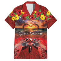Hawaiian Turtle Love Couple Family Matching Long Sleeve Bodycon Dress and Hawaiian Shirt Ocean Serenade - Honu Honi Ihu with Hibiscus and Romantic Sunset Red Color