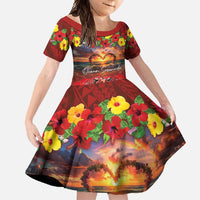 Hawaiian Turtle Love Couple Family Matching Mermaid Dress and Hawaiian Shirt Ocean Serenade - Honu Honi Ihu with Hibiscus and Romantic Sunset Red Color LT03 Daughter's Dress Red - Polynesian Pride