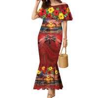 Hawaiian Turtle Love Couple Family Matching Mermaid Dress and Hawaiian Shirt Ocean Serenade - Honu Honi Ihu with Hibiscus and Romantic Sunset Red Color LT03 Mom's Dress Red - Polynesian Pride