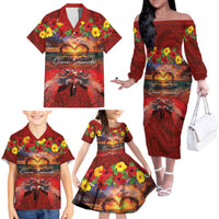 Hawaiian Turtle Love Couple Family Matching Off The Shoulder Long Sleeve Dress and Hawaiian Shirt Ocean Serenade - Honu Honi Ihu with Hibiscus and Romantic Sunset Red Color LT03 - Polynesian Pride