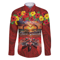 Hawaiian Turtle Love Couple Family Matching Off The Shoulder Long Sleeve Dress and Hawaiian Shirt Ocean Serenade - Honu Honi Ihu with Hibiscus and Romantic Sunset Red Color LT03 Dad's Shirt - Long Sleeve Red - Polynesian Pride