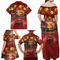 Hawaiian Turtle Love Couple Family Matching Off Shoulder Maxi Dress and Hawaiian Shirt Ocean Serenade - Honu Honi Ihu with Hibiscus and Romantic Sunset Red Color LT03 - Polynesian Pride