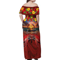 Hawaiian Turtle Love Couple Family Matching Off Shoulder Maxi Dress and Hawaiian Shirt Ocean Serenade - Honu Honi Ihu with Hibiscus and Romantic Sunset Red Color LT03 - Polynesian Pride