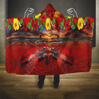 Hawaiian Turtle Love Couple Hooded Blanket Ocean Serenade - Honu Honi Ihu with Hibiscus and Romantic Sunset Red Color LT03 - Polynesian Pride