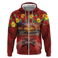Hawaiian Turtle Love Couple Hoodie Ocean Serenade - Honu Honi Ihu with Hibiscus and Romantic Sunset Red Color LT03 Zip Hoodie Red - Polynesian Pride