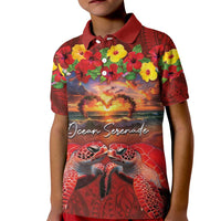 Hawaiian Turtle Love Couple Kid Polo Shirt Ocean Serenade - Honu Honi Ihu with Hibiscus and Romantic Sunset Red Color LT03 Kid Red - Polynesian Pride