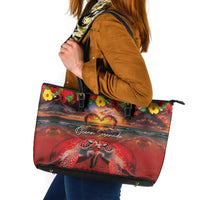 Hawaiian Turtle Love Couple Leather Tote Bag Ocean Serenade - Honu Honi Ihu with Hibiscus and Romantic Sunset Red Color LT03 Red - Polynesian Pride