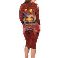 Hawaiian Turtle Love Couple Long Sleeve Bodycon Dress Ocean Serenade - Honu Honi Ihu with Hibiscus and Romantic Sunset Red Color LT03 - Polynesian Pride