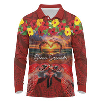 Hawaiian Turtle Love Couple Long Sleeve Polo Shirt Ocean Serenade - Honu Honi Ihu with Hibiscus and Romantic Sunset Red Color LT03 Red - Polynesian Pride