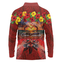 Hawaiian Turtle Love Couple Long Sleeve Polo Shirt Ocean Serenade - Honu Honi Ihu with Hibiscus and Romantic Sunset Red Color LT03 - Polynesian Pride