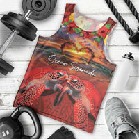 Hawaiian Turtle Love Couple Men Tank Top Ocean Serenade - Honu Honi Ihu with Hibiscus and Romantic Sunset Red Color LT03 - Polynesian Pride