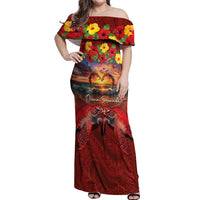 Hawaiian Turtle Love Couple Off Shoulder Maxi Dress Ocean Serenade - Honu Honi Ihu with Hibiscus and Romantic Sunset Red Color LT03 Women Red - Polynesian Pride