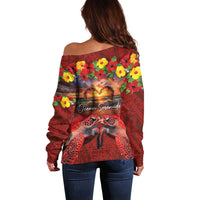 Hawaiian Turtle Love Couple Off Shoulder Sweater Ocean Serenade - Honu Honi Ihu with Hibiscus and Romantic Sunset Red Color LT03 - Polynesian Pride
