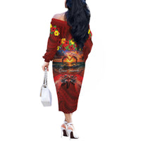 Hawaiian Turtle Love Couple Off The Shoulder Long Sleeve Dress Ocean Serenade - Honu Honi Ihu with Hibiscus and Romantic Sunset Red Color LT03 - Polynesian Pride