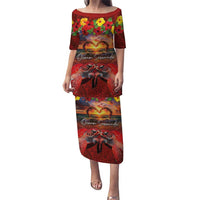 Hawaiian Turtle Love Couple Puletasi Ocean Serenade - Honu Honi Ihu with Hibiscus and Romantic Sunset Red Color LT03 Long Dress Red - Polynesian Pride