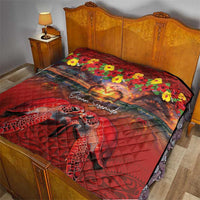 Hawaiian Turtle Love Couple Quilt Ocean Serenade - Honu Honi Ihu with Hibiscus and Romantic Sunset Red Color LT03 - Polynesian Pride