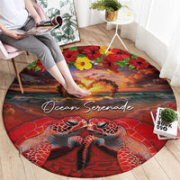 Hawaiian Turtle Love Couple Round Carpet Ocean Serenade - Honu Honi Ihu with Hibiscus and Romantic Sunset Red Color LT03 - Polynesian Pride