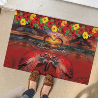 Hawaiian Turtle Love Couple Rubber Doormat Ocean Serenade - Honu Honi Ihu with Hibiscus and Romantic Sunset Red Color LT03 - Polynesian Pride